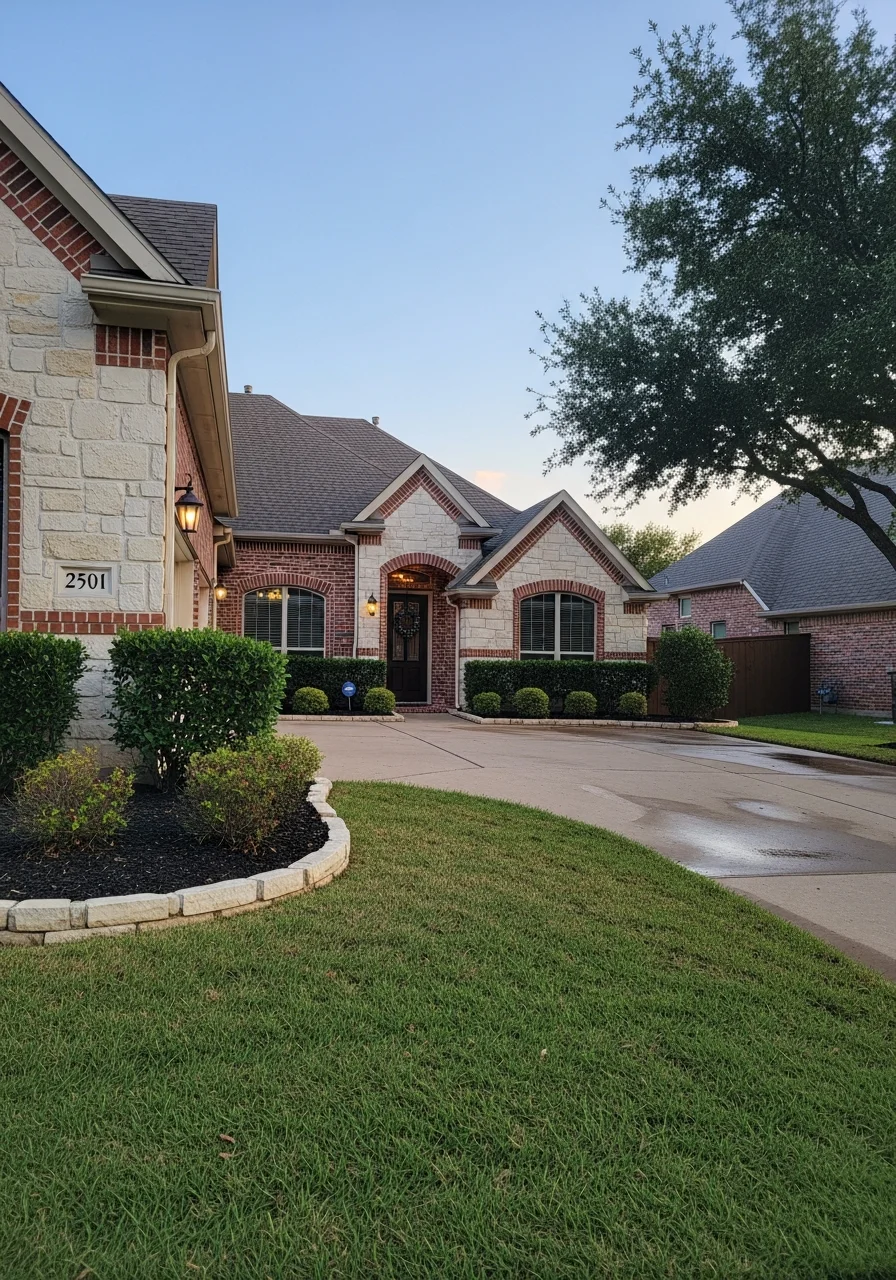 Portrait view of an Arlington home's front facade with contemporary or traditional styling and landscaping.