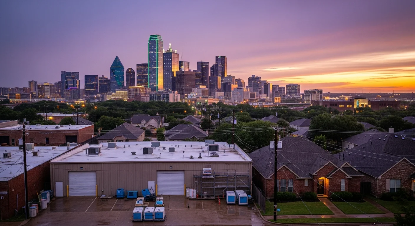 Wide view of Dallas skyline at dusk with downtown towers lit against purple sky and foreground showing mixed residential and commercial buildings.