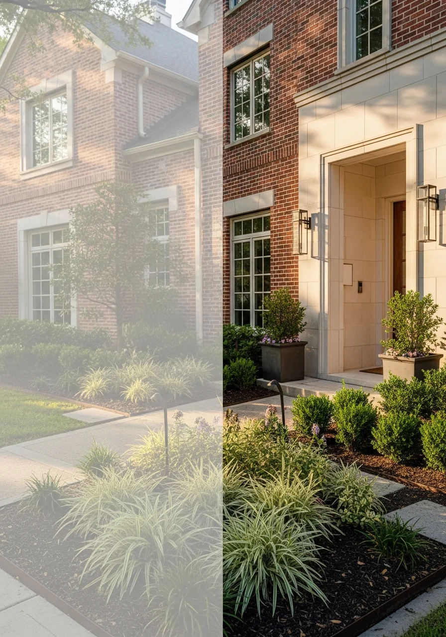 Portrait-style image of a Dallas home's front entrance with welcoming landscaping and architectural detail.