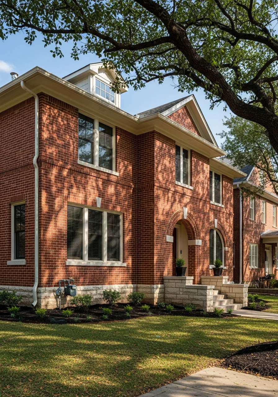 Close-up of a Fort Worth home's exterior showing architectural style and landscaping details.