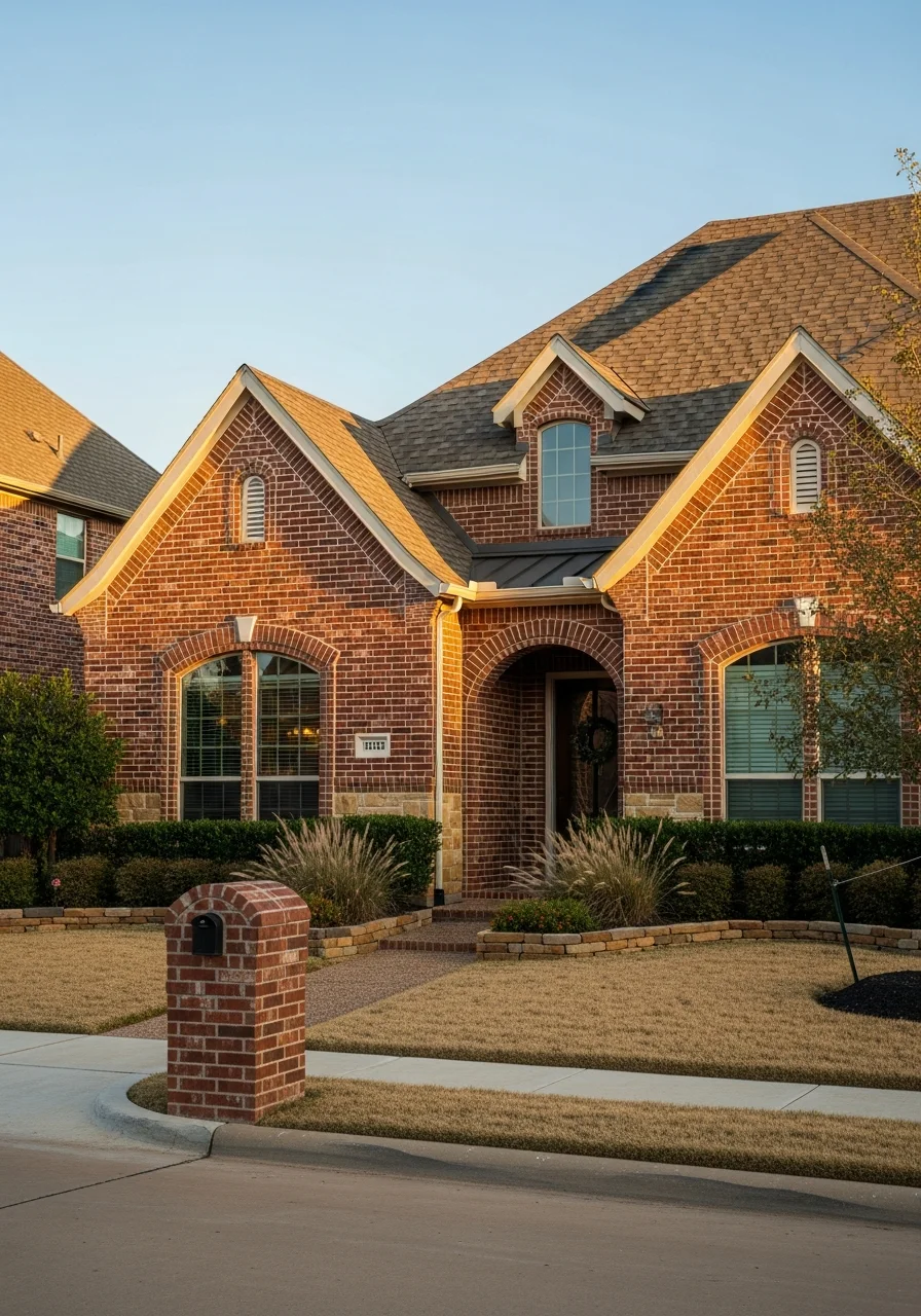 Close-up portrait of an Irving home's front exterior with architectural detail and landscaping.