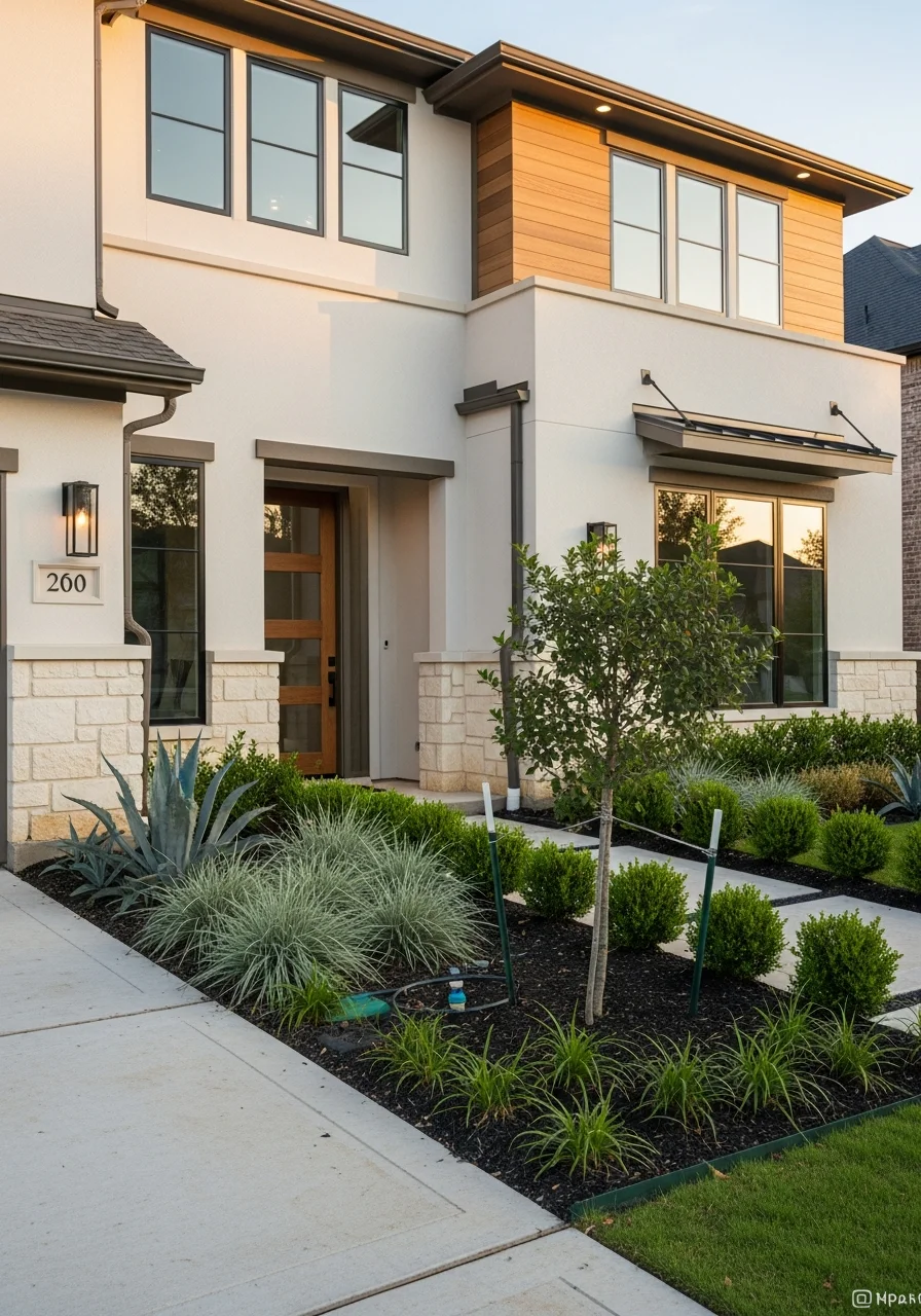 Portrait-style image of a contemporary Plano home's entrance with modern design and professional landscaping.