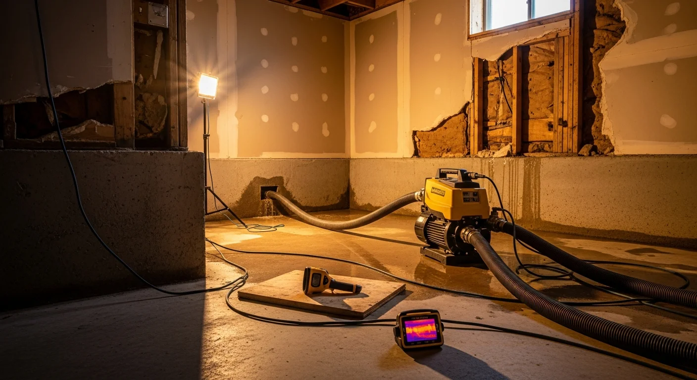 A Spotless Restoration technician operating an industrial water extractor on a flooded living room floor in a Dallas-Fort Worth home. Standing water is visible across hardwood flooring near the base of interior walls.