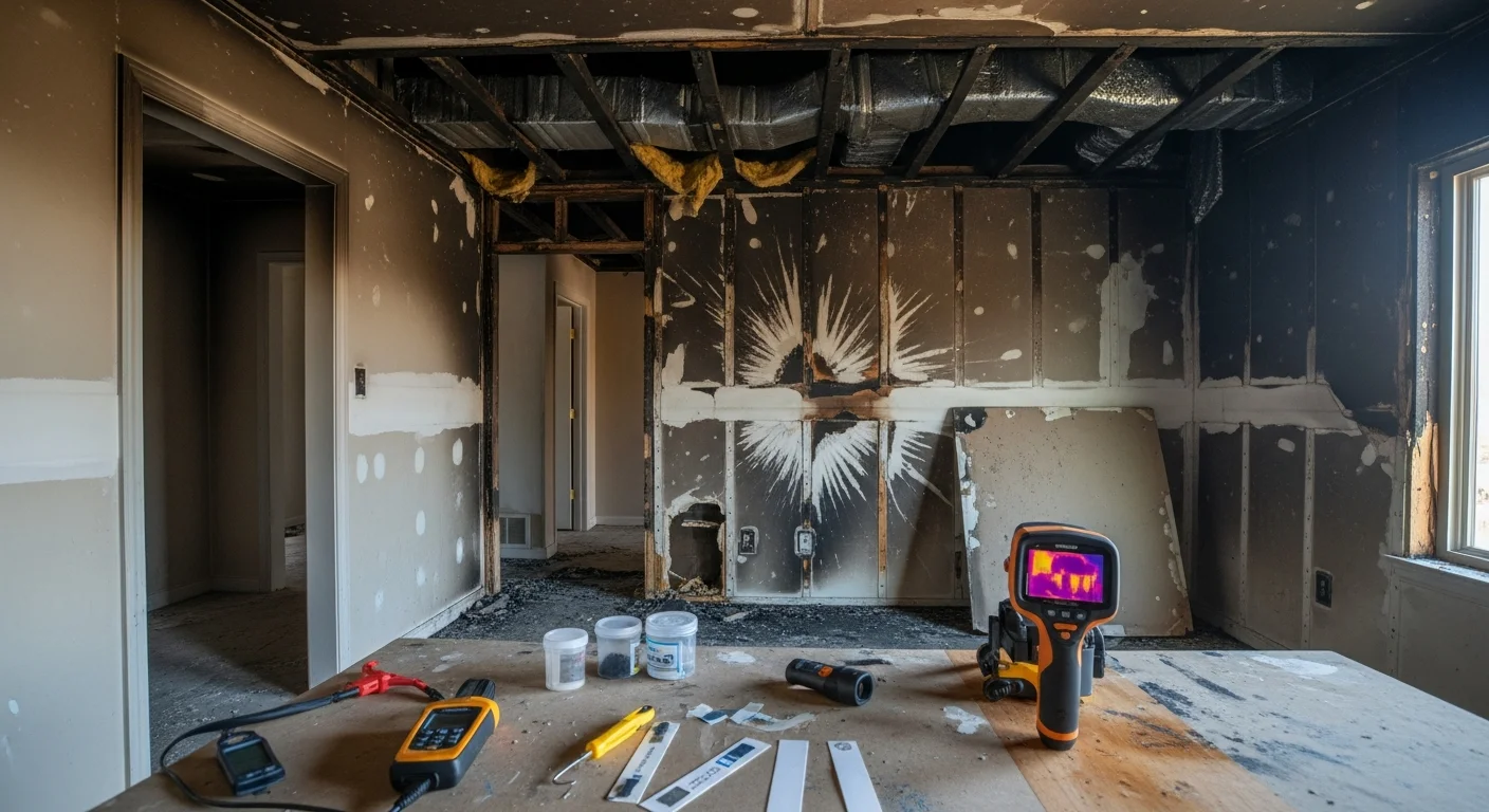 A Spotless Restoration technician inspecting soot-covered walls and ceiling inside a fire-damaged home in the Dallas Fort Worth metro. The image shows visible char marks, smoke staining on drywall, and an open HVAC vent being examined for smoke contamination.
