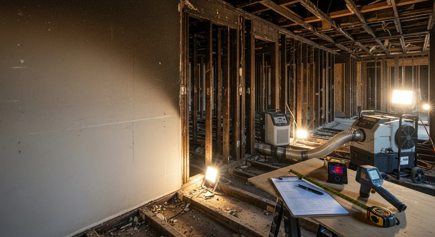 A fire-damaged room in a Dallas-Fort Worth home mid-reconstruction, showing new wood framing and drywall installation replacing charred structural walls. A Spotless Restoration crew member inspects the rebuilt framing before insulation is installed.