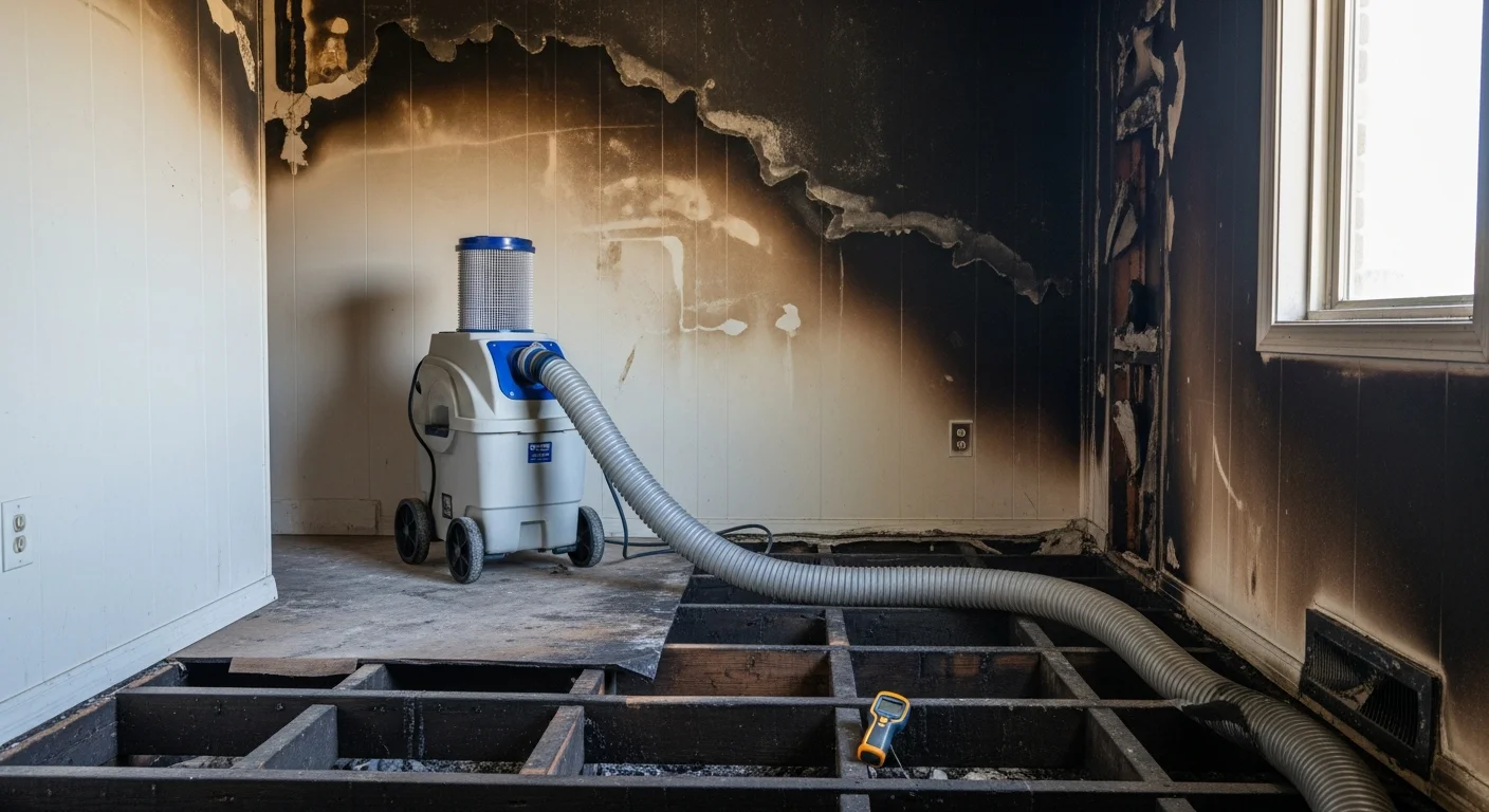 Interior of a Dallas Fort Worth home showing soot-covered walls and ceiling after a kitchen fire, with a restoration technician assessing smoke damage near the affected area.