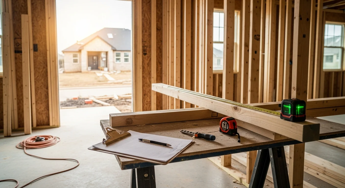 A Dallas Fort Worth home mid-reconstruction showing new structural framing and roof decking after storm damage. Spotless Restoration crew members work on rebuilding the exterior walls of a single-family home in the DFW Metroplex.