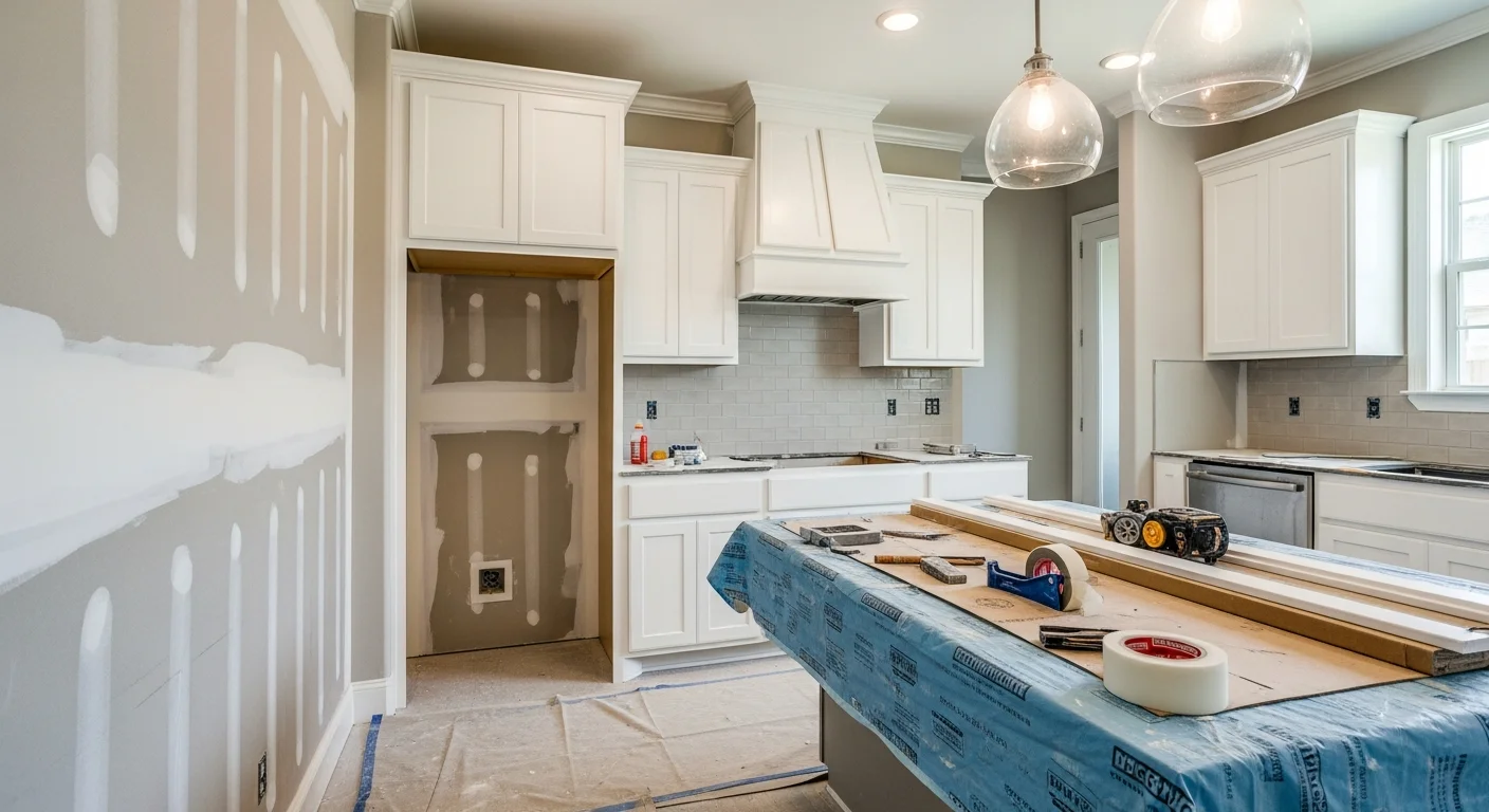 A renovated open-concept kitchen and living area inside a Dallas-Fort Worth home, showing new flooring, updated cabinetry, and fresh drywall work completed by a general contractor. The space reflects a clean, functional interior typical of North Texas residential renovation projects.