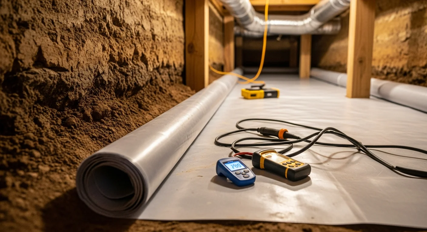 A Spotless Restoration technician inspecting a crawl space beneath a Dallas-Fort Worth home, with visible vapor barrier installation and moisture assessment equipment in use. The crawl space shows exposed soil and wood framing typical of pier-and-beam construction found across the DFW metroplex.