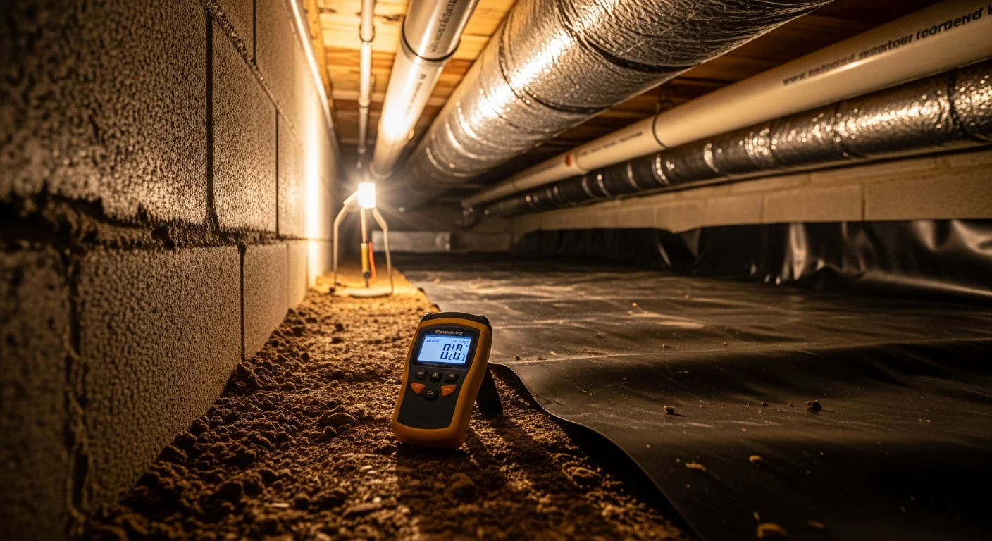 A Spotless Restoration technician inspecting a crawl space beneath a Dallas-Fort Worth home for moisture and mold risk. The image shows a sealed crawl space with a vapor barrier installed on the ground surface.