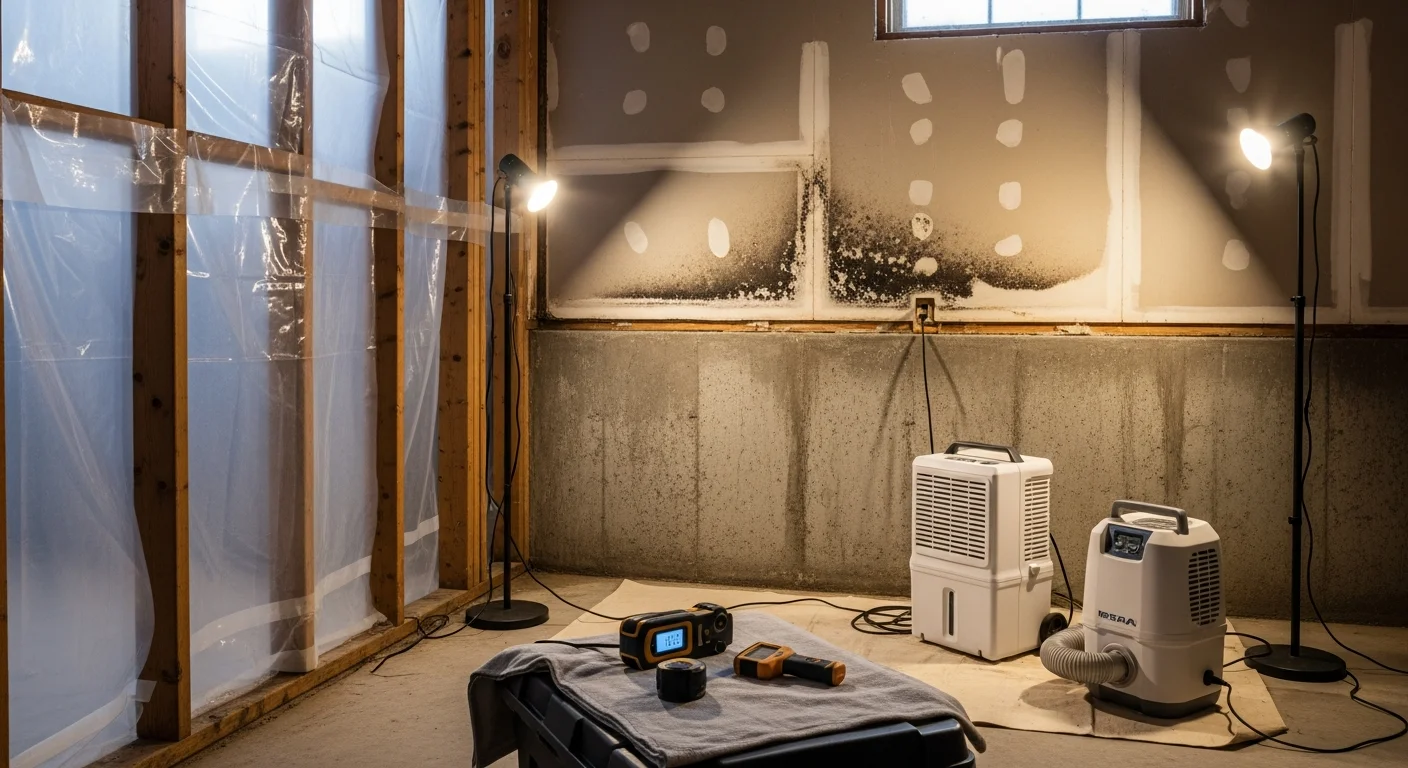 A Spotless Restoration technician in protective gear removing mold-damaged drywall inside a Dallas-Fort Worth home. Plastic containment sheeting is visible in the background, isolating the affected room during the remediation process.