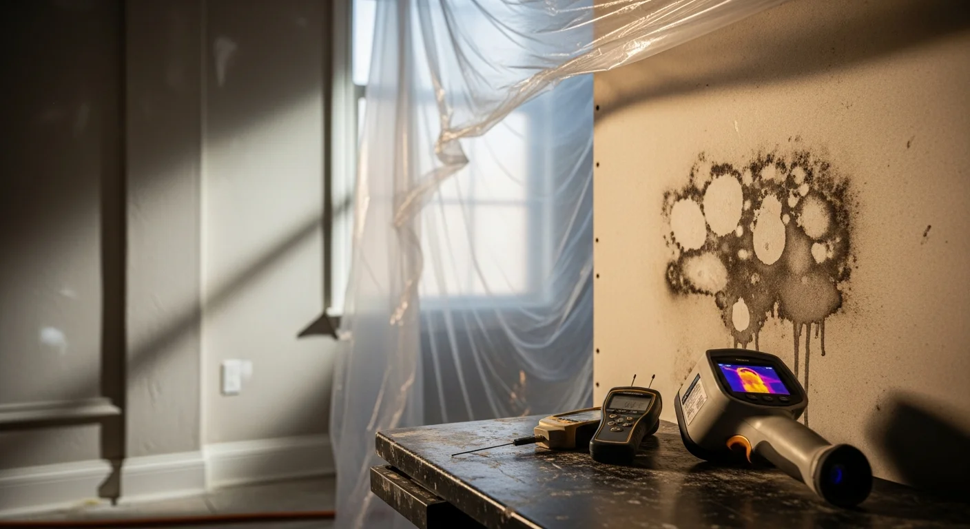 A Spotless Restoration technician in protective gear removing mold-damaged drywall inside a Dallas-Fort Worth home. Containment plastic sheeting is visible in the background, isolating the affected room during the remediation process.