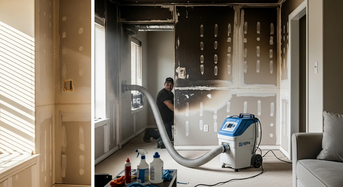 A Dallas-Fort Worth home interior showing soot-stained walls and ceilings after a fire, with a restoration technician performing smoke damage cleanup. Cleaning equipment and air filtration units are visible in the foreground.