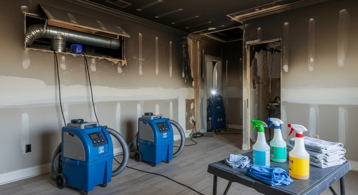 A Dallas-Fort Worth home interior showing soot-stained walls and ceiling after a fire, with a restoration technician cleaning residue from drywall surfaces. Close-up view of black soot deposits being removed from a wall near an HVAC vent in a fire-damaged DFW property.