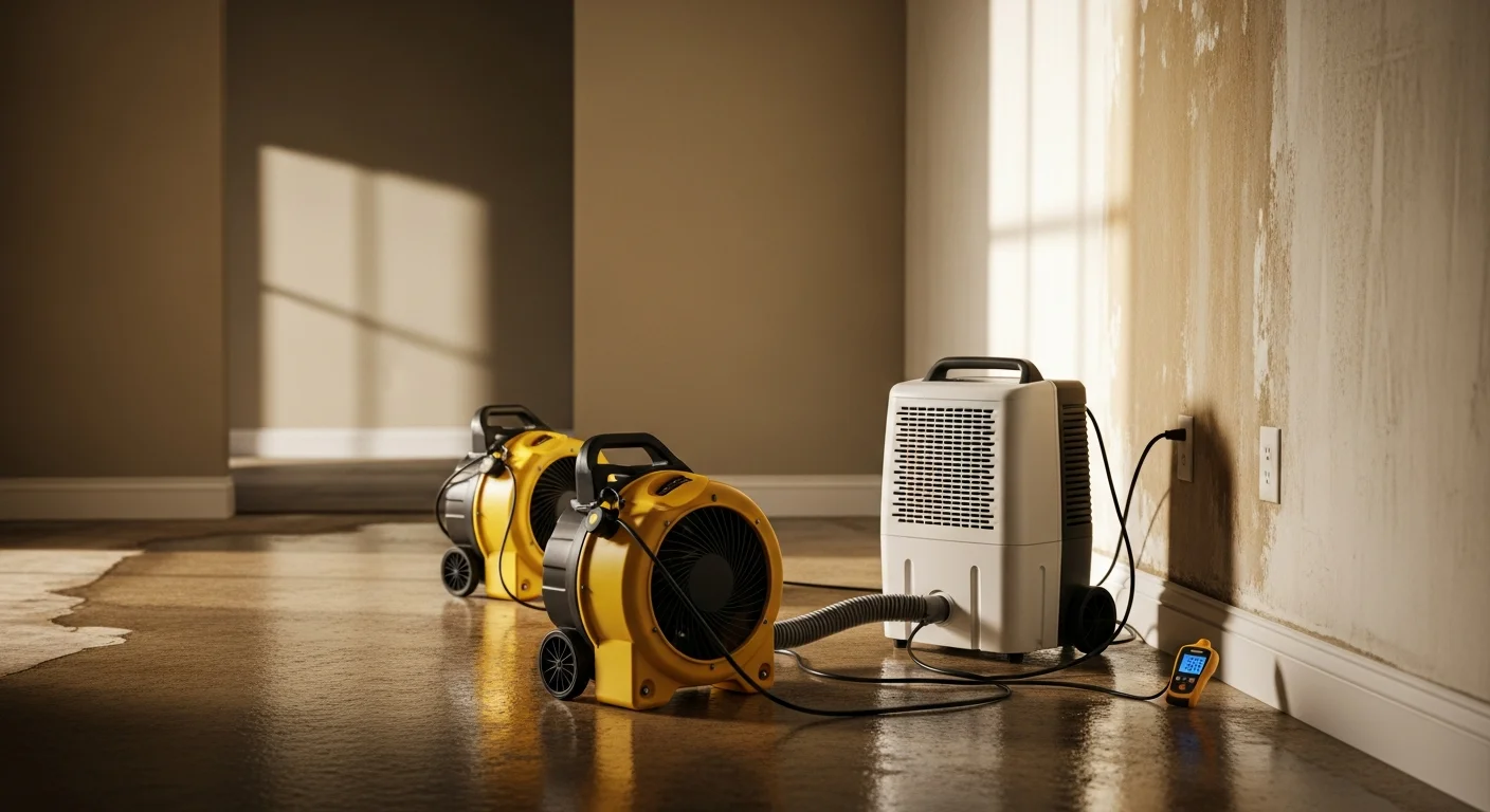 Industrial air movers and commercial dehumidifiers placed along a water-damaged wall and subfloor inside a Dallas-Fort Worth area home. Moisture meters and drying equipment are visible as part of an active structural drying setup.