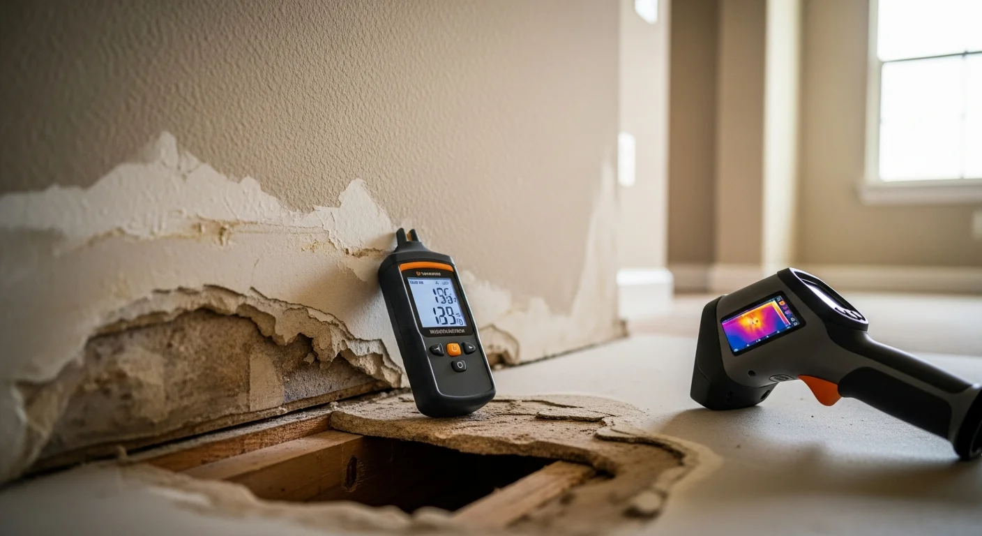 A Spotless Restoration technician conducting a water damage inspection inside a Dallas-Fort Worth home, checking moisture levels along a wall near the floor. The image shows a moisture meter being used on drywall with visible water staining in a residential interior.