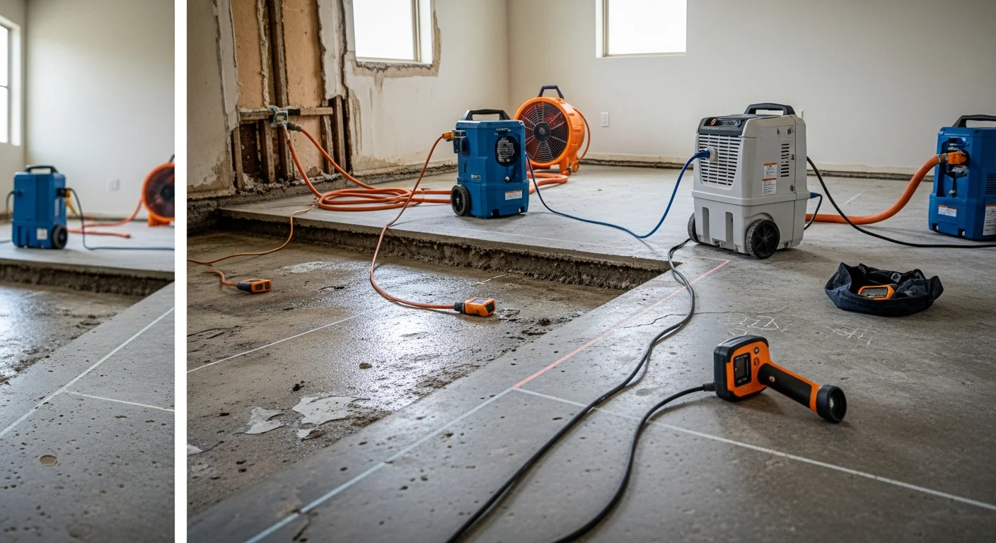 A Spotless Restoration technician using moisture detection equipment on the floor of a Dallas-Fort Worth home after water damage. Industrial drying equipment is visible in the background of the affected room.